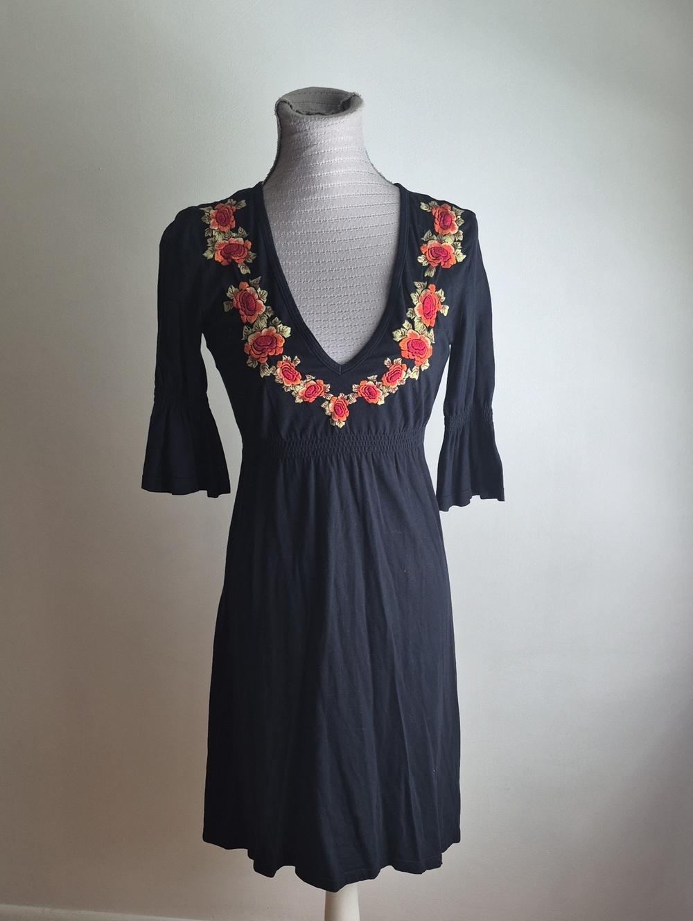 Johnny Was Black Dress, Floral Embroidery And Bird